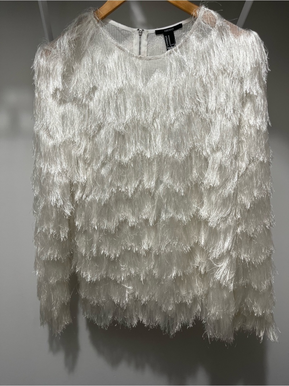 Forever 21 White Fringe Tiered Long-Sleeve Top